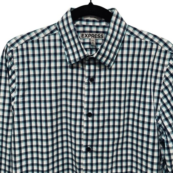 Express Fitted Checkered Button Down Shirt Mens Small Blue White Workwear - Picture 3 of 7